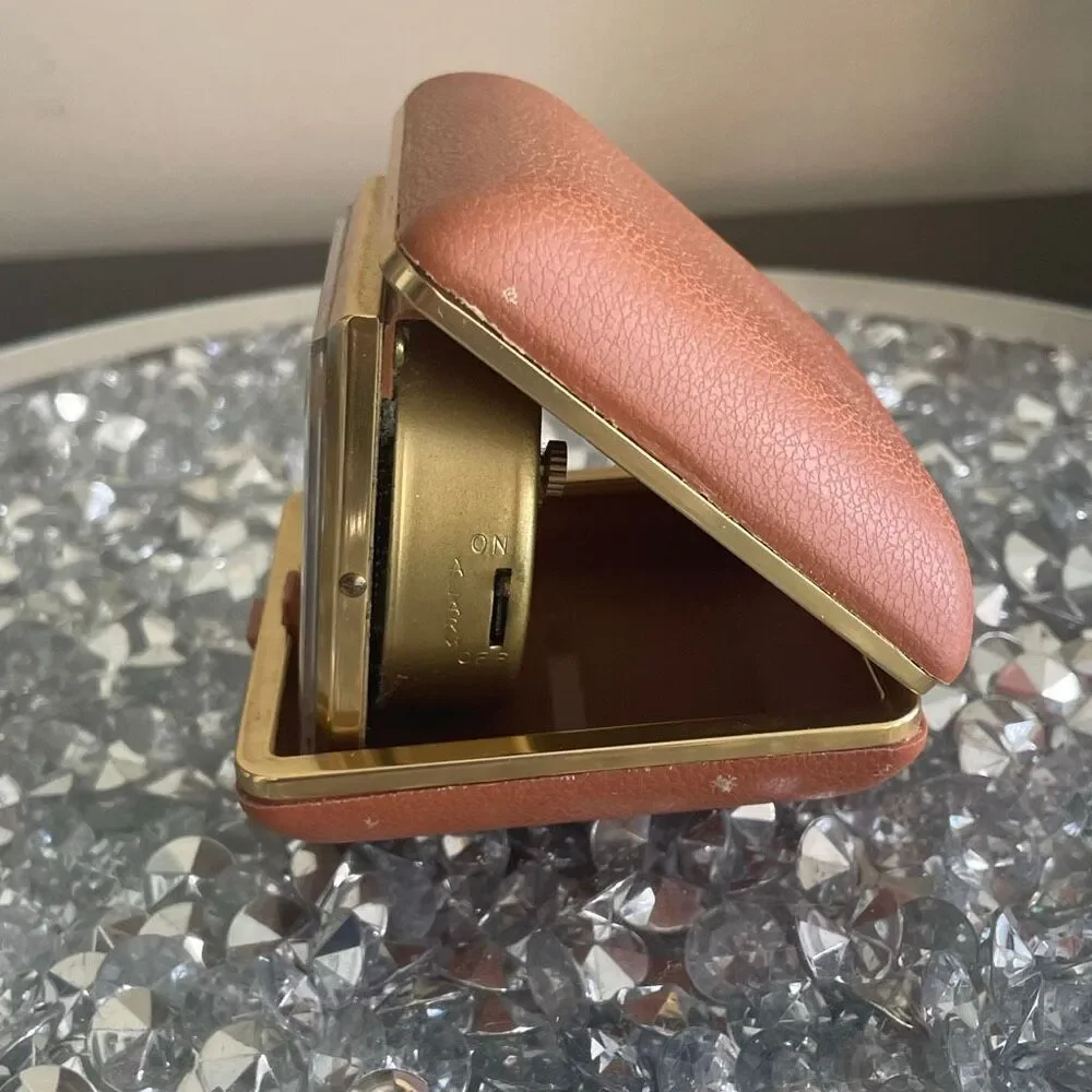 Vintage old Taiwan Equity Folding Travel Alarm Clock Illuminated Hands Wind Up